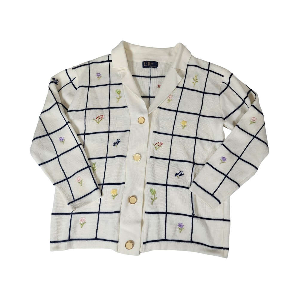 LeRoy Knitwear Womens Cream Floral Windowpane Embroidered Button Cardigan Large